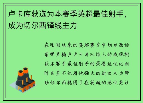 卢卡库获选为本赛季英超最佳射手，成为切尔西锋线主力
